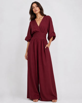 Black Maxi Jumpsuit Women's V-Neck Wrap Design Comfortable Wide-Leg Fit for Casual or Dressy Occasions