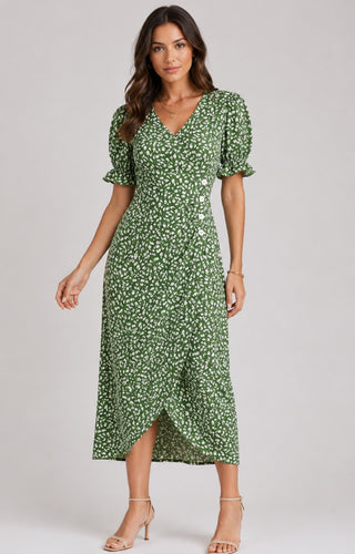 Floral Midi Dress with Wrap Front Design V-Neckline Short Ruffled Sleeves Asymmetrical Hem Lightweight Fabric