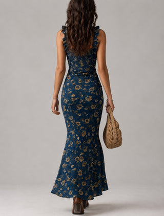 Floral Maxi Dress Women's Summer Dress A-Line Lightweight Fabric High Slit Ruffled Sleeves