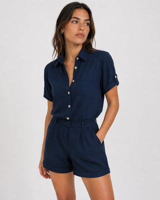 Women's Casual Button-Down Shirt and Shorts Set Relaxed Fit Mid-Thigh Soft Fabric