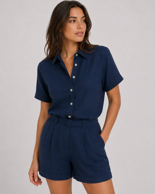Women's Casual Button-Down Shirt and Shorts Set Relaxed Fit Mid-Thigh Soft Fabric