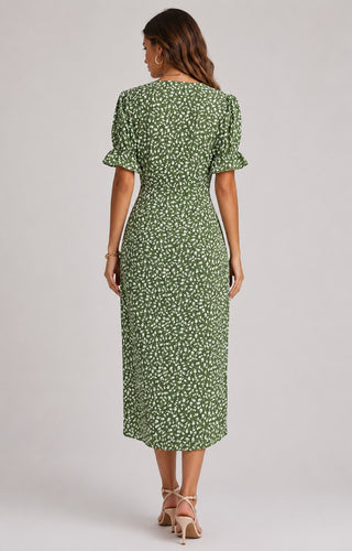 Floral Midi Dress with Wrap Front Design V-Neckline Short Ruffled Sleeves Asymmetrical Hem Lightweight Fabric