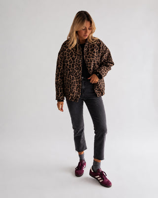 Leopard Print Bomber Jacket Women Oversized Button Front Casual Layering Outerwear