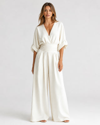 Black Maxi Jumpsuit Women's V-Neck Wrap Design Comfortable Wide-Leg Fit for Casual or Dressy Occasions