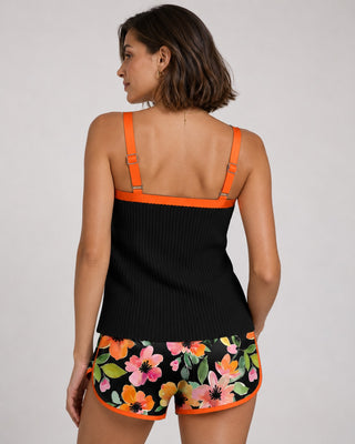 Modern Tummy Control Tankini Set with Ribbed Top and Floral Patterned Shorts for Women