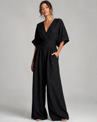 Black Maxi Jumpsuit Women's V-Neck Wrap Design Comfortable Wide-Leg Fit for Casual or Dressy Occasions
