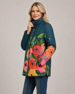 Floral Print Quilted Jacket for Women with Button Front and Stand Collar for Transitional Seasons