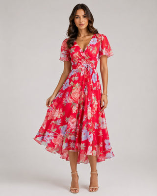 Floral Midi Dress V-Neck Wrap Adjustable Waist Short Flutter Sleeves Soft Fabric Summer Wedding Guest Dresses