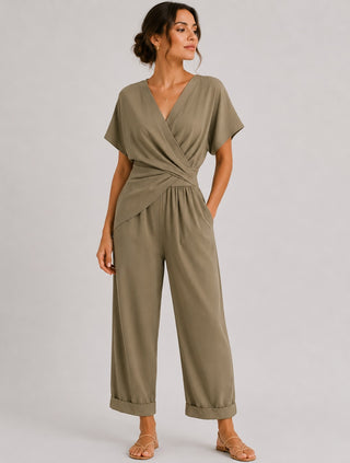 Modern Wrap Jumpsuit Set V-Neck Short Sleeve Adjustable Waist Relaxed Fit Soft Fabric