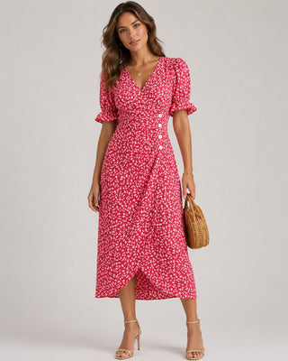 Floral Midi Dress with Wrap Front Design V-Neckline Short Ruffled Sleeves Asymmetrical Hem Lightweight Fabric