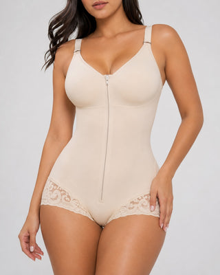 High Compression Shapewear Bodysuit Adjustable Straps Zipper Closure Triangle Lace Design