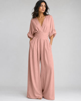Black Maxi Jumpsuit Women's V-Neck Wrap Design Comfortable Wide-Leg Fit for Casual or Dressy Occasions