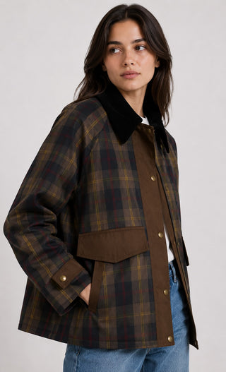 Plaid Women's Jacket with Faux Fur Collar Relaxed Fit Button Closure and Patch Pockets for Winter Coats Women