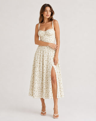 Floral Summer Dress Midi Length Fitted Bodice Sweetheart Neckline with Side Slit for Wedding Guests