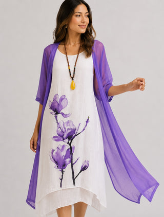 Floral Print Midi Dress Set with Loose Chiffon Cardigan in Breathable Linen for Women