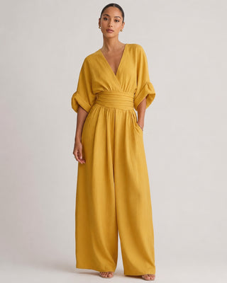 Black Maxi Jumpsuit Women's V-Neck Wrap Design Comfortable Wide-Leg Fit for Casual or Dressy Occasions