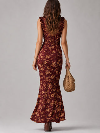 Floral Maxi Dress Women's Summer Dress A-Line Lightweight Fabric High Slit Ruffled Sleeves