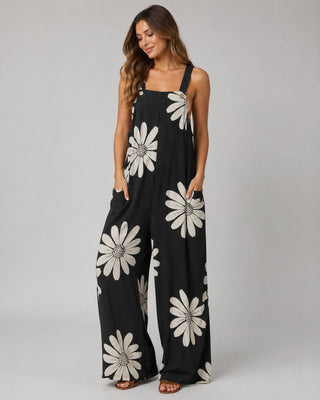 Floral Wide Leg Womens Jumpsuit with Square Neck Tank Straps and Side Pockets in Soft Fabric