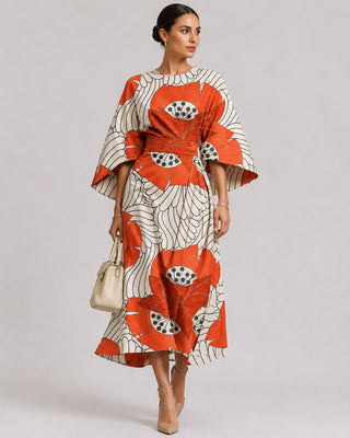 Floral Midi Dress for Women with Kimono Sleeves Adjustable Tie Belt Calf Length Summer Style