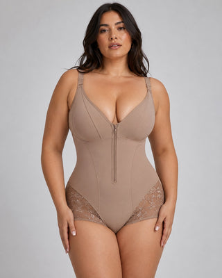 High Compression Shapewear Bodysuit Adjustable Straps Zipper Closure Triangle Lace Design