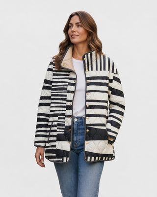 Quilted Puffer Jacket Women Striped Pattern Stand Collar Hooded Lightweight Winter Coats