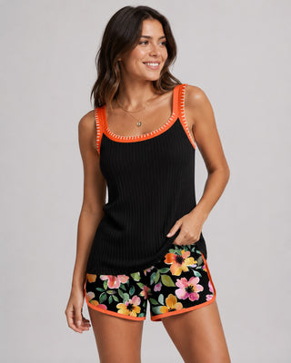Modern Tummy Control Tankini Set with Ribbed Top and Floral Patterned Shorts for Women