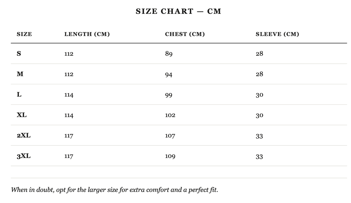 Size guide in cm