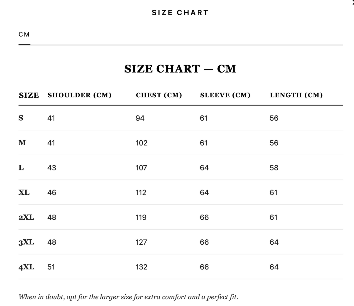 Size guide in cm