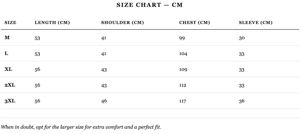 Size guide in cm