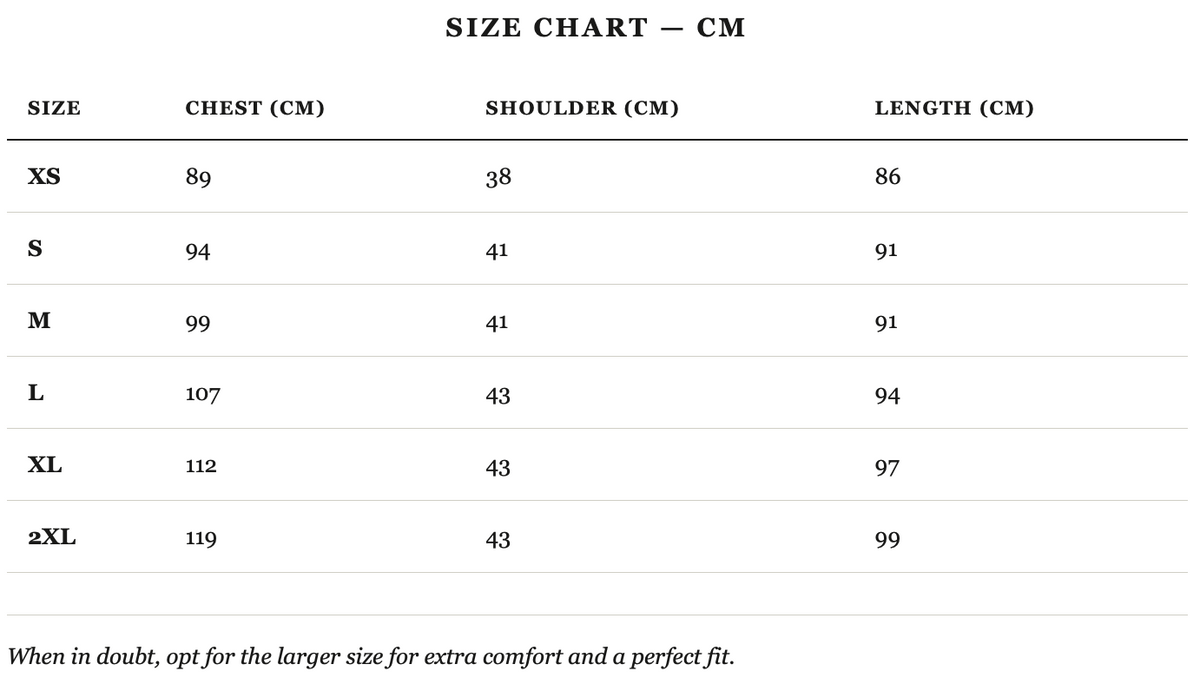 Size guide in cm