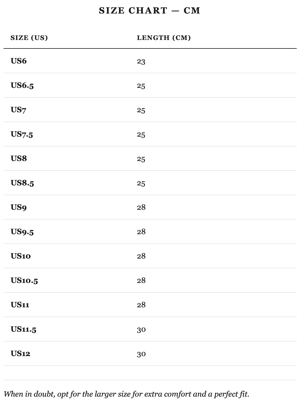 Size guide in cm