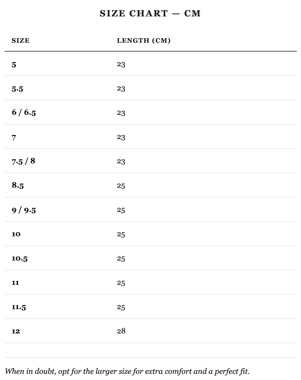 Size guide in cm