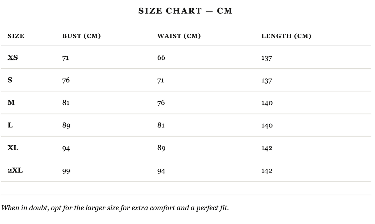 Size guide in cm