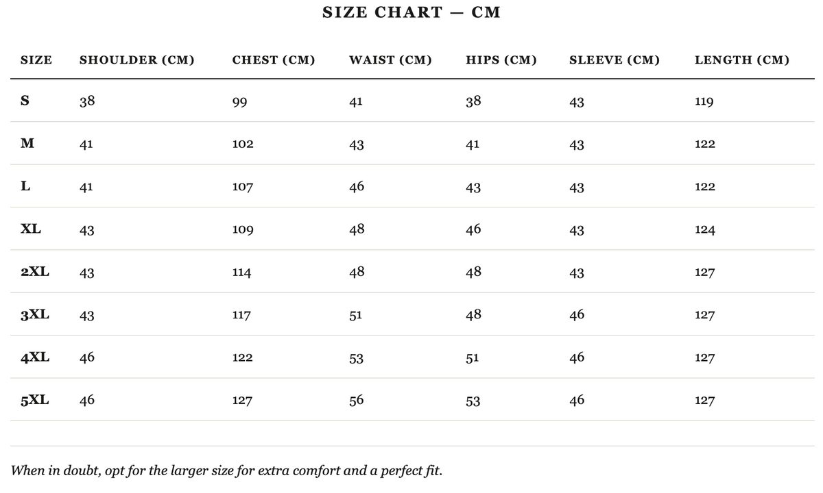 Size guide in cm