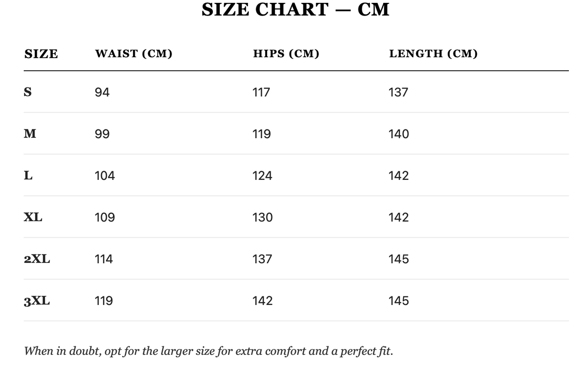 Size guide in cm