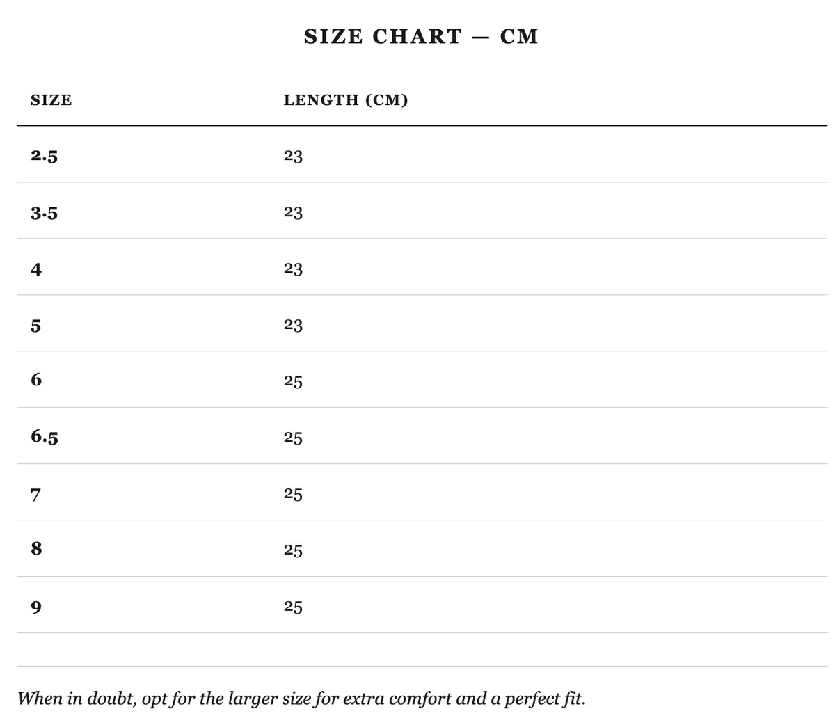 Size guide in cm