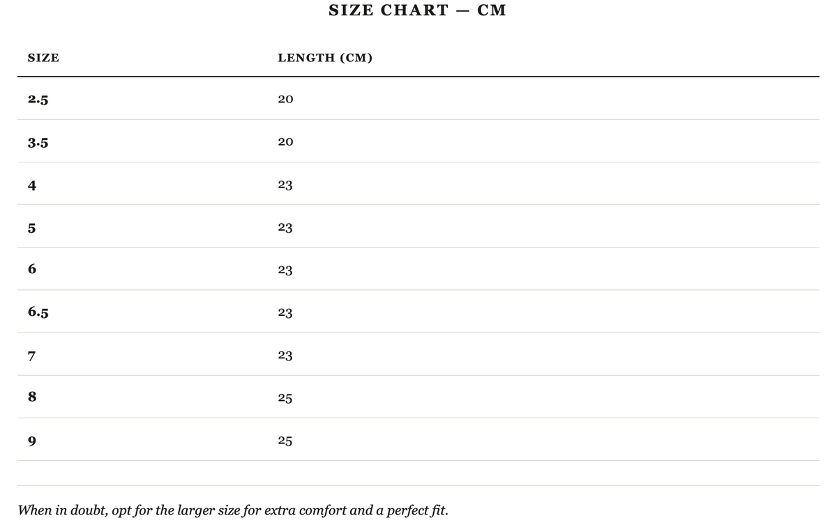 Size guide in cm