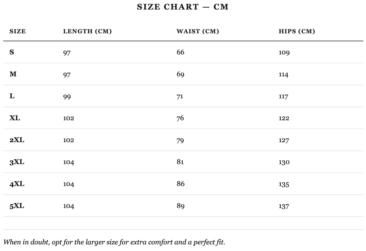 Size guide in cm