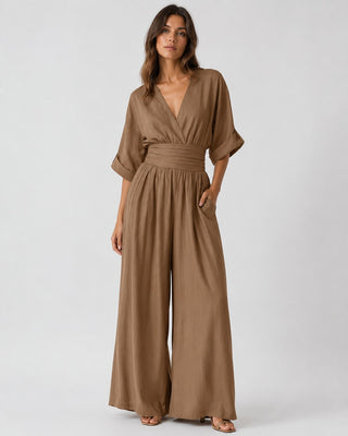 Black Maxi Jumpsuit Women's V-Neck Wrap Design Comfortable Wide-Leg Fit for Casual or Dressy Occasions
