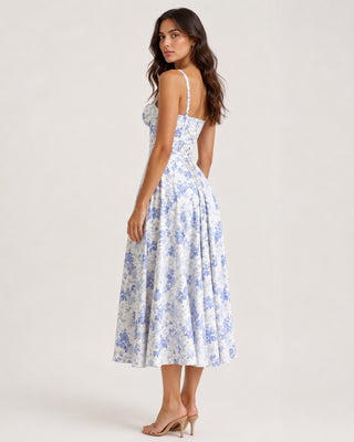 Floral Summer Dress Midi Length Fitted Bodice Sweetheart Neckline with Side Slit for Wedding Guests