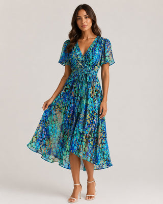 Floral Midi Dress V-Neck Wrap Adjustable Waist Short Flutter Sleeves Soft Fabric Summer Wedding Guest Dresses