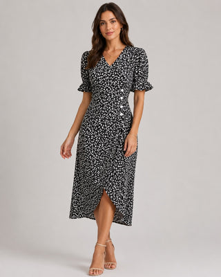 Floral Midi Dress with Wrap Front Design V-Neckline Short Ruffled Sleeves Asymmetrical Hem Lightweight Fabric