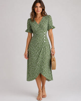 Floral Midi Dress with Wrap Front Design V-Neckline Short Ruffled Sleeves Asymmetrical Hem Lightweight Fabric