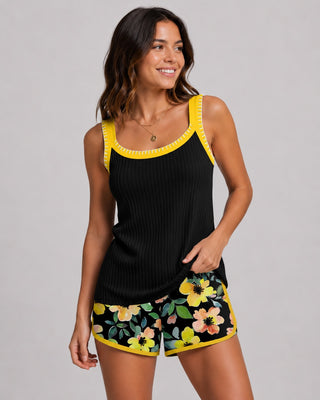 Modern Tummy Control Tankini Set with Ribbed Top and Floral Patterned Shorts for Women