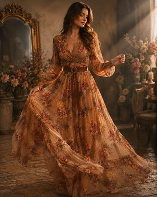 Boho Floral Maxi Dress with Long Sleeves in Lightweight Fabric and Pleated Skirt for Women