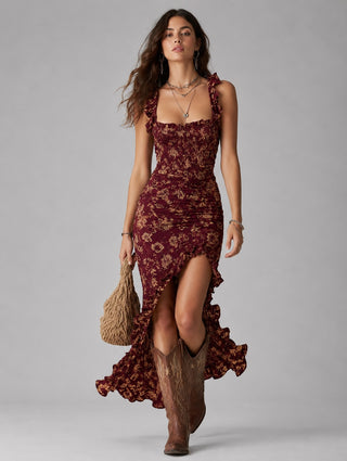 Floral Maxi Dress Women's Summer Dress A-Line Lightweight Fabric High Slit Ruffled Sleeves