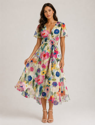Floral Midi Dress V-Neck Wrap Adjustable Waist Short Flutter Sleeves Soft Fabric Summer Wedding Guest Dresses
