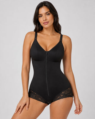 High Compression Shapewear Bodysuit Adjustable Straps Zipper Closure Triangle Lace Design