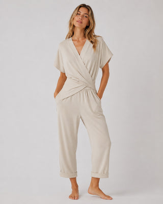 Modern Wrap Jumpsuit Set V-Neck Short Sleeve Adjustable Waist Soft Fabric Relaxed Fit Neutral Tone