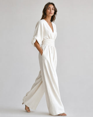 Black Maxi Jumpsuit Women's V-Neck Wrap Design Comfortable Wide-Leg Fit for Casual or Dressy Occasions